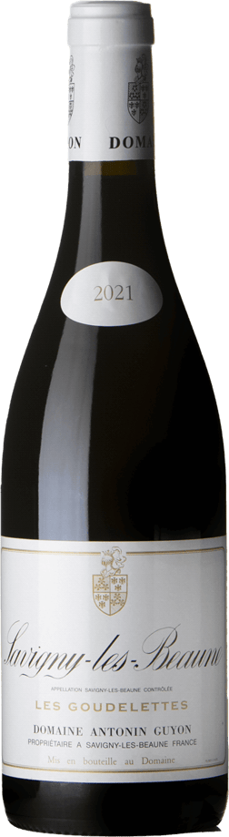 En glasflaska med Antonin Guyon Savigny les Beaune Les Goudelettes 2021, ett rött vin från Bourgogne i Frankrike