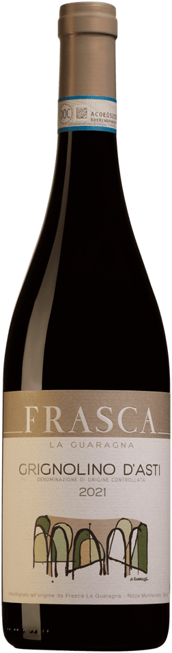 En glasflaska med Frasca la Guaragna Grignolino d'Asti 2021, ett rött vin från Piemonte i Italien