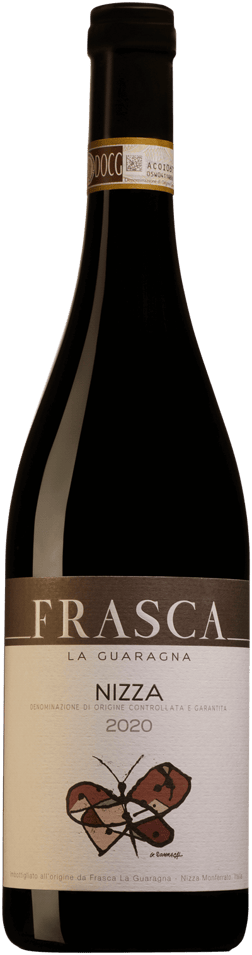 En glasflaska med Frasca la Guaragna Nizza 2020, ett rött vin från Piemonte i Italien