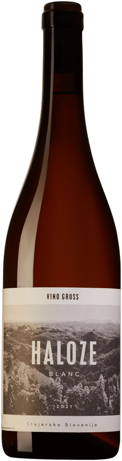 En glasflaska med Vino Gross Haloze 2021, ett vitt vin från Podravina i Slovenien