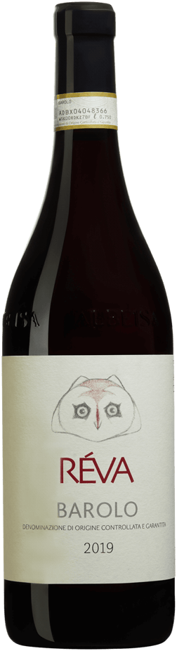 En glasflaska med Réva Barolo 2019, ett rött vin från Piemonte i Italien