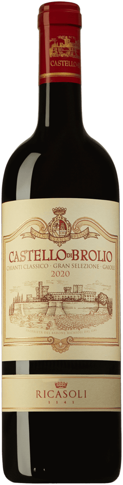 En glasflaska med Barone Ricasoli Castello di Brolio 2020, ett rött vin från Italien