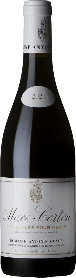 En glasflaska med Antonin Guyon Aloxe-Corton 1er Cru Les Fournières 2021, ett rött vin från Bourgogne i Frankrike