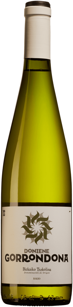 En glasflaska med Doniene Gorrondona 2022, ett vitt vin från Baskien i Spanien