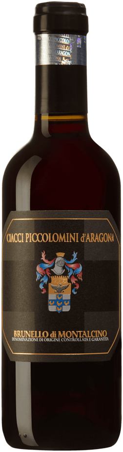 En glasflaska med Ciacci Piccolomini Brunello di Montalcino 2019, ett rött vin från Toscana i Italien