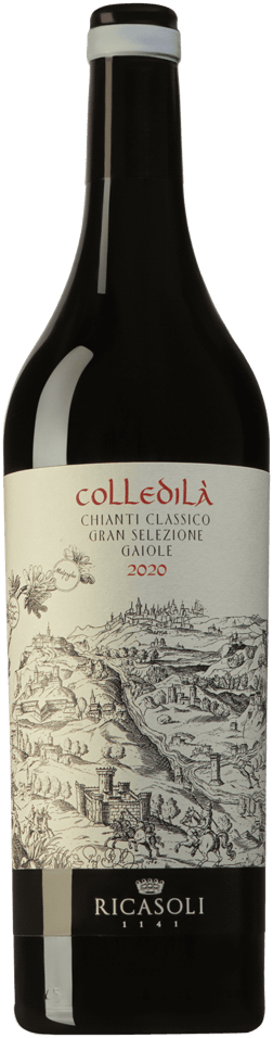 En glasflaska med Barone Ricasoli Colledilà 2020, ett rött vin från Toscana i Italien