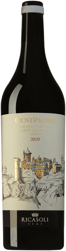 En glasflaska med Barone Ricasoli  CeniPrimo 2020, ett rött vin från Toscana i Italien