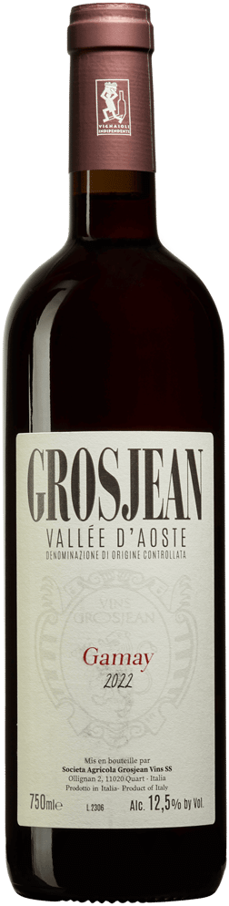 En glasflaska med Grosjean Gamay 2022, ett rött vin från Valle d'Aosta i Italien