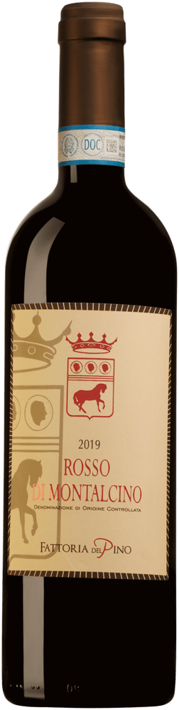 En glasflaska med Fattoria del Pino Rosso di Montalcino 2019, ett rött vin från Toscana i Italien