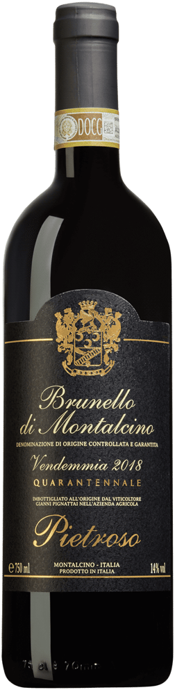 En glasflaska med Pietroso Brunello Di Montalcino 2018, ett rött vin från Toscana i Italien