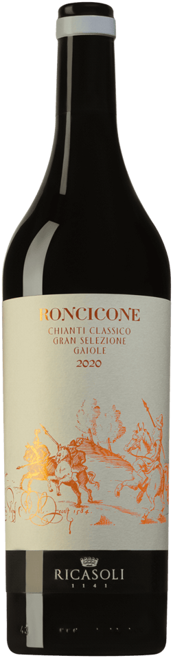 En glasflaska med Barone Ricasoli Roncicone 2020, ett rött vin från Toscana i Italien