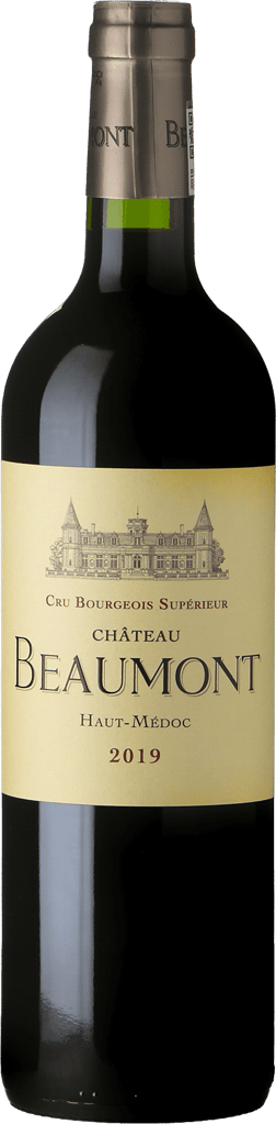 En glasflaska med Barriere Freres Château Beaumont 2019, ett rött vin från Bordeaux i Frankrike
