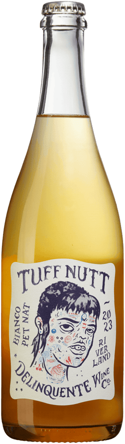 En glasflaska med Tuff Nutt Bianco Pet Nat Delinquente 2023, ett mousserande vin från South Australia i Australien