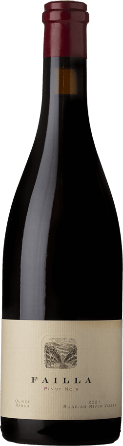 En glasflaska med Failla Olivet Ranch Pinot Noir 2021, ett rött vin från Kalifornien i USA
