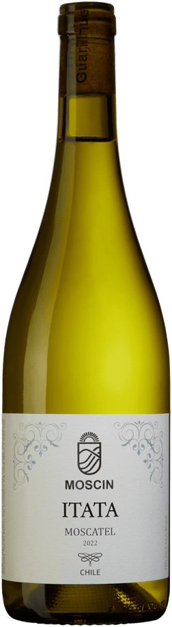 En lättare glasflaska med Moscin Moscatel 2022, ett vitt vin från Région del Sur i Chile
