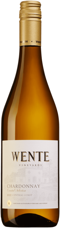 En glasflaska med Wente Vineyards Coastal Selection Chardonnay 2022, ett vitt vin från Kalifornien i USA