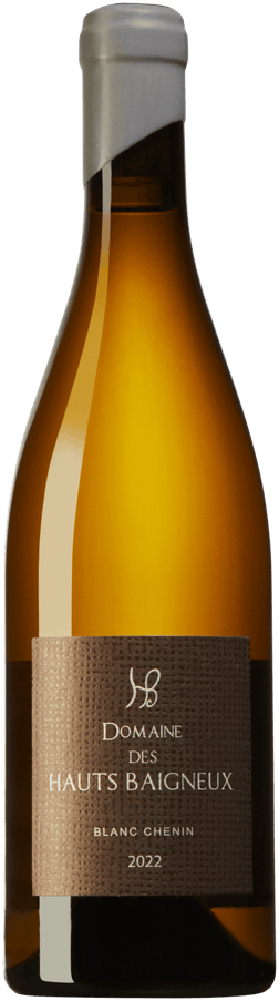En glasflaska med Haut Baigneux Blanc Chenin 2022, ett vitt vin från Loiredalen i Frankrike