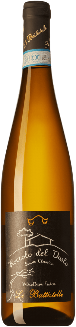 En glasflaska med Le Battistelle Roccolo del Durlo Soave Classico 2022, ett vitt vin från Venetien i Italien