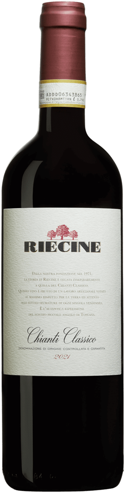 En glasflaska med Riecine Chianti Classico 2021, ett rött vin från Toscana i Italien