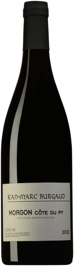 En glasflaska med Jean-Marc Burgaud Morgon Côte du Py 2022, ett rött vin från Bourgogne i Frankrike