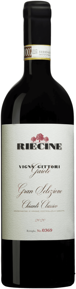 En glasflaska med Riecine Chianti Classico Gran Selezione Vigna Gittori 2020, ett rött vin från Toscana i Italien