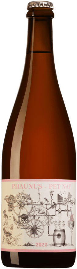 En glasflaska med Aphros Phaunus PET NAT Rosé 2022, ett mousserande vin från Portugal