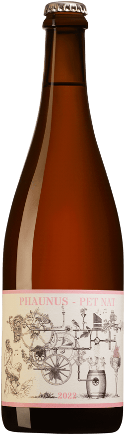 En glasflaska med Aphros Phaunus PET NAT Rosé 2022, ett mousserande från Portugal