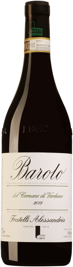 En glasflaska med Fratelli Alessandria Barolo Del Comune di Verduno 2019, ett rött vin från Piemonte i Italien
