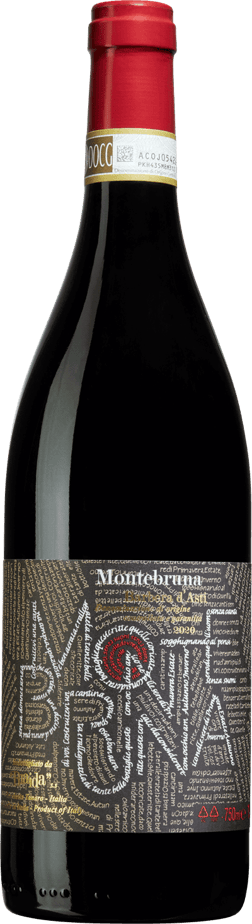 En glasflaska med Braida Montebruna Barbera d'Asti 2021, ett rött vin från Piemonte i Italien