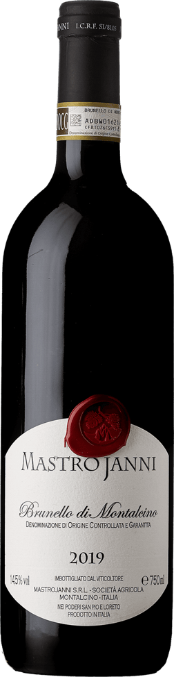 En glasflaska med Mastrojanni Brunello di Montalcino 2019, ett rött vin från Toscana i Italien
