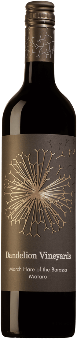 En glasflaska med Dandelion Vineyards March Hare of the Barossa Mataro 2022, ett rött vin från South Australia i Australien