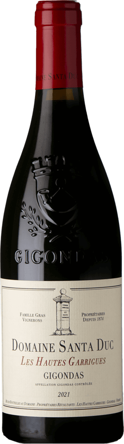 En glasflaska med Domaine Santa Duc Les Hautes Garrigues 2021, ett rött vin från Rhonedalen i Frankrike