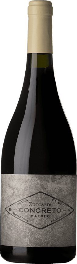 En glasflaska med Zuccardi Concreto 2022, ett rött vin från Cuyo i Argentina