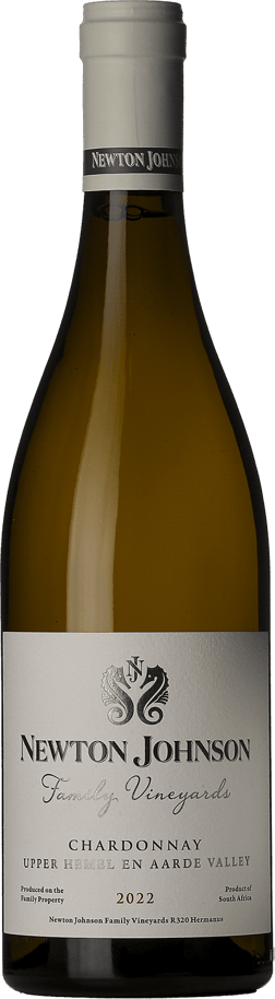En glasflaska med Newton Johnson Family Vineyards Chardonnay 2022, ett vitt vin från Western Cape i Sydafrika