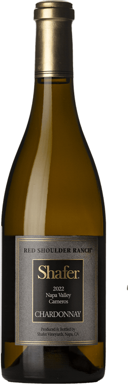 En glasflaska med Shafer Vineyards Red Shoulder Ranch Chardonnay 2022, ett vitt vin från Kalifornien i USA