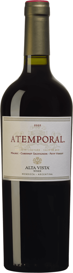 En glasflaska med Alta Vista Atemporal 2022, ett rött vin från Cuyo i Argentina