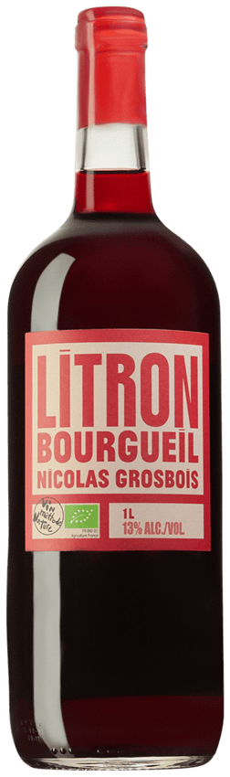 En glasflaska med Nicolas Grosbois Litron 2022, ett rött vin från Loiredalen i Frankrike