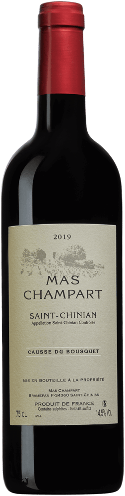 En glasflaska med Mas Champart Causse du Bousquet 2019, ett rött vin från Languedoc-Roussillon i Frankrike