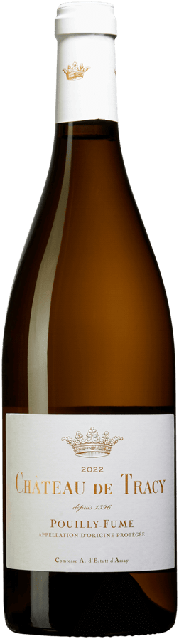 En glasflaska med Château de Tracy Pouilly Fumé 2022, ett vitt vin från Loiredalen i Frankrike