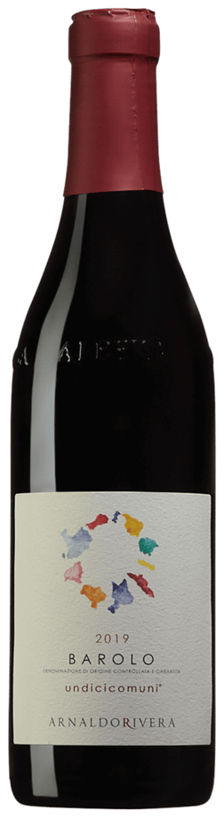 En glasflaska med Arnaldo Rivera Barolo Undicicomuni 2019, ett rött vin från Piemonte i Italien