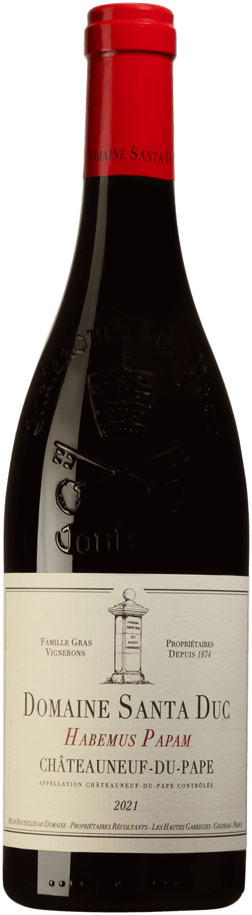 En glasflaska med Domaine Santa Duc Habemus Papam 2021, ett rött vin från Rhonedalen i Frankrike