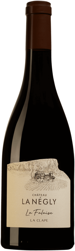 En glasflaska med Château la Négly La Falaise 2021, ett rött vin från Languedoc-Roussillon i Frankrike