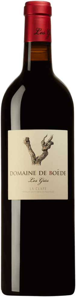 En glasflaska med Domaine de Boède Les Grès 2021, ett rött vin från Languedoc-Roussillon i Frankrike