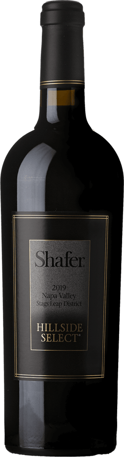 En glasflaska med Shafer Hillside Select 2019, ett rött vin från Kalifornien i USA