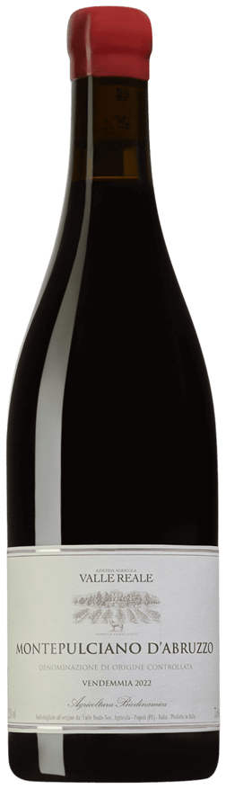 En glasflaska med Valle Reale Montepulciano d´Abruzzo 2022, ett rött vin från Abruzzerna i Italien