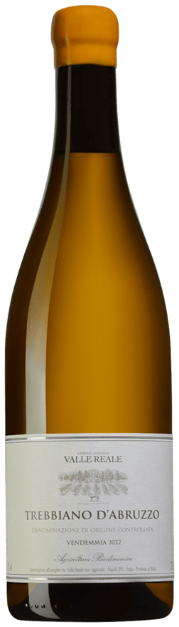 En glasflaska med Valle Reale Trebbiano d´Abruzzo 2022, ett vitt vin från Abruzzerna i Italien