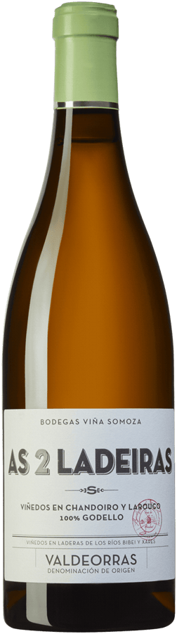 En glasflaska med Viña Somoza As 2 Ladeiras 2022, ett vitt vin från Galicien i Spanien