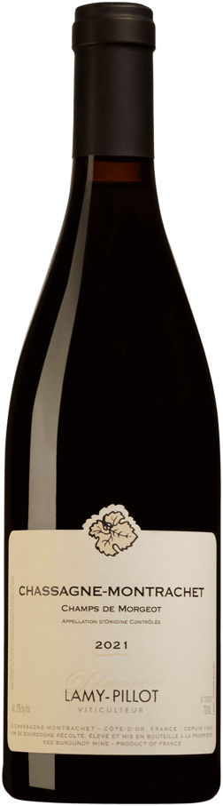 En glasflaska med Domaine Lamy-Pillot Chassagne-Montrachet Champs de Morgeot 2021, ett rött vin från Bourgogne i Frankrike