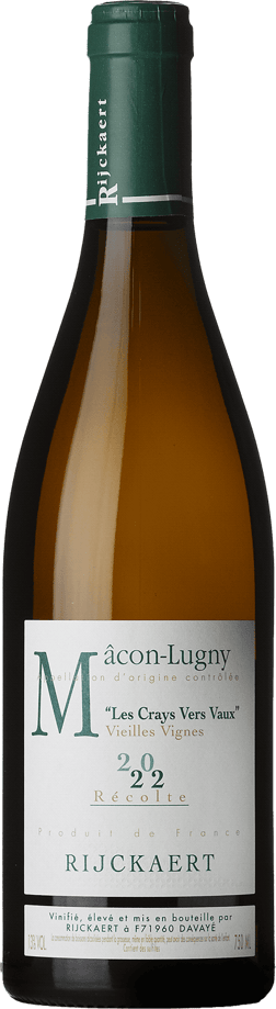 En glasflaska med Maison Rijckaert Macon Lugny Les Crays Vers Vaux 2022, ett vitt vin från Bourgogne i Frankrike