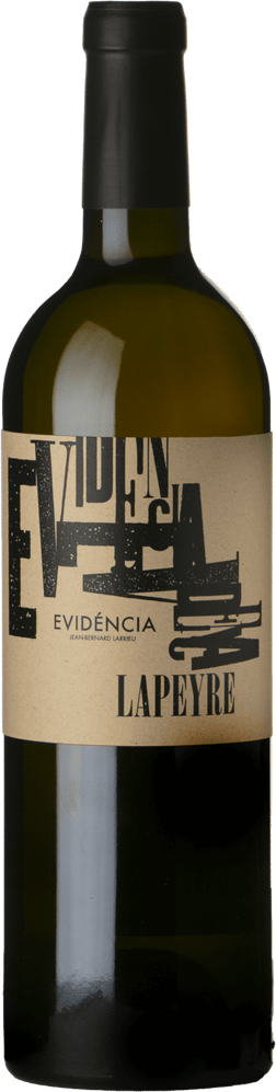 En glasflaska med Clos Lapeyre Evidencia 2021, ett vitt vin från Frankrike sydväst i Frankrike